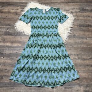 LuLaRoe Amelia Blue Fit and Flare Casual Dress with Crew Neck